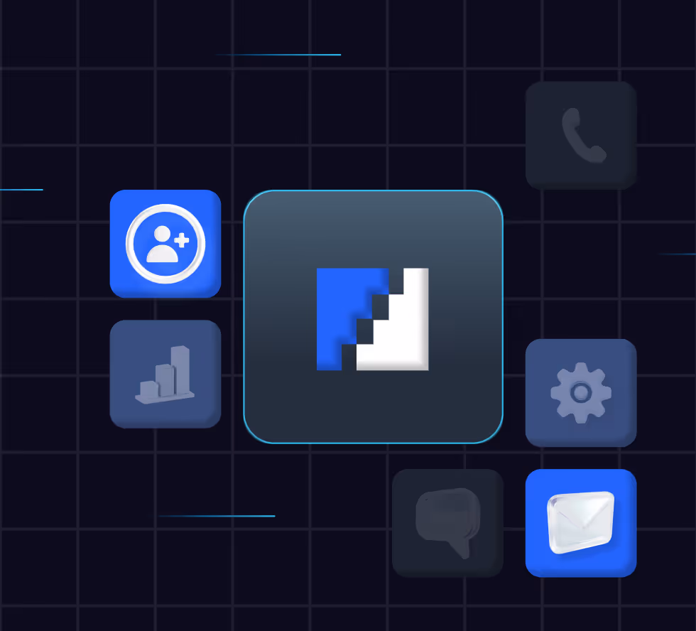 Digital interface with icons representing user addition, analytics, settings, phone, chat, and email on a dark grid background.