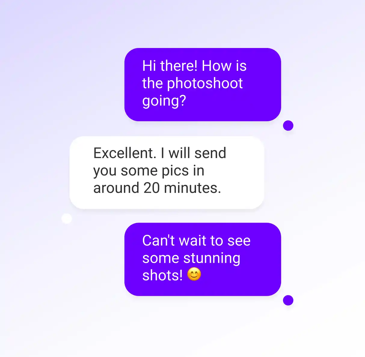 Darstellung eines Chatverlaufs mit Textnachrichten, darüber, dass das Fotoshooting sehr gut lief.