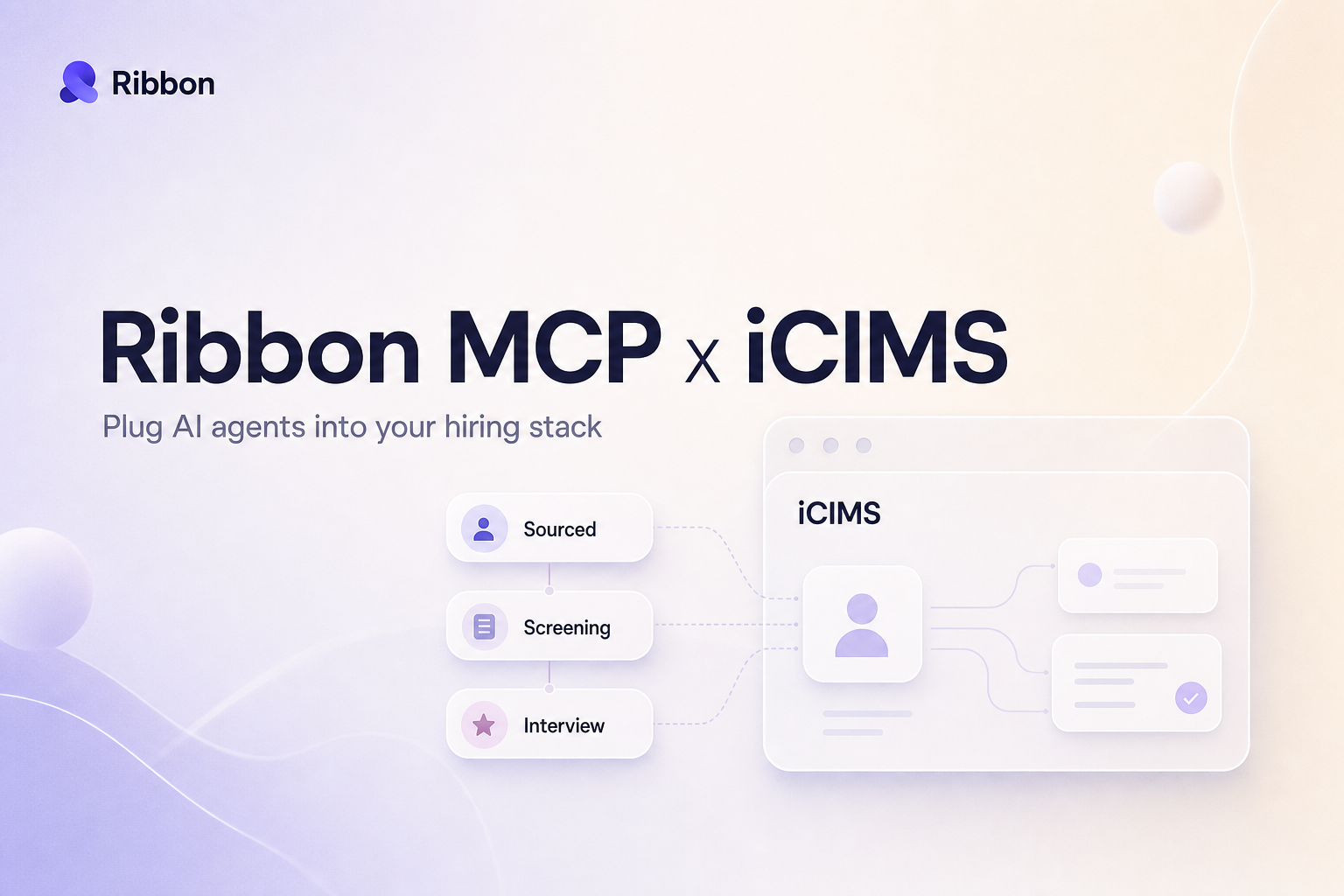 Ribbon MCP for iCIMS hero graphic showing a Ribbon to iCIMS integration with a candidate workflow pipeline