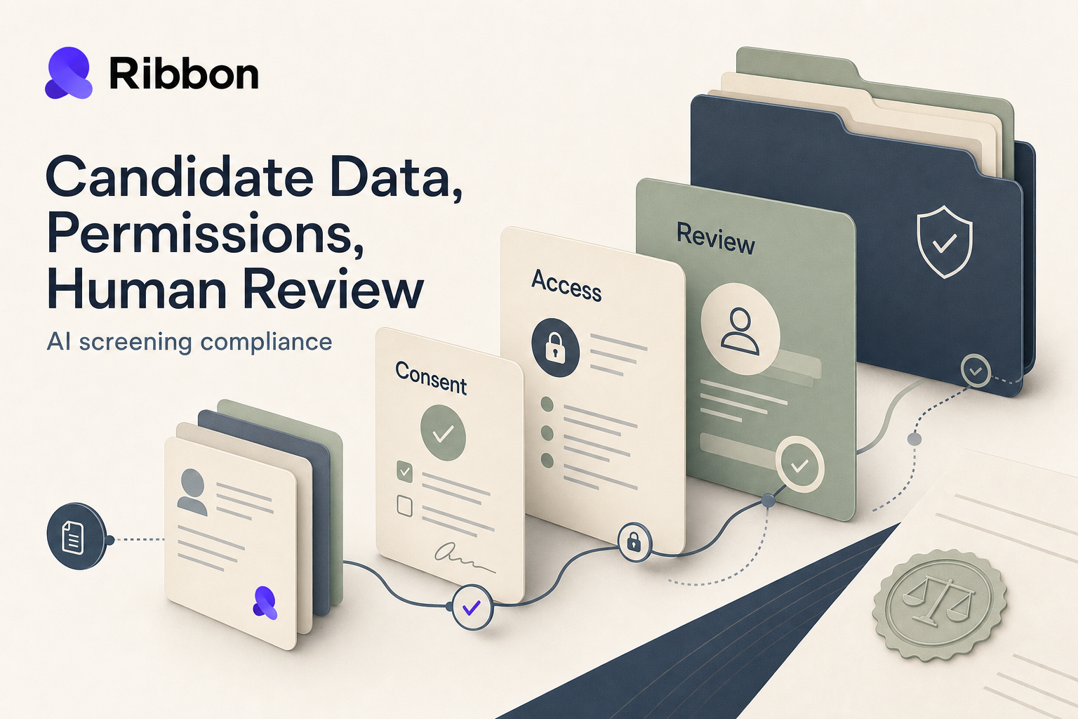 Editorial illustration of layered permissions, audit markers, and candidate records moving through a secure hiring workflow.