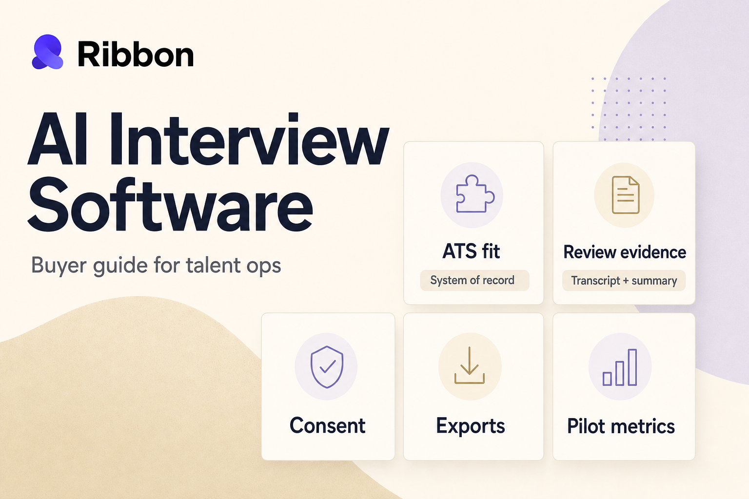 Editorial buyer-guide layout for evaluating AI interview software, with talent ops decision criteria cards for ATS fit, review evidence, consent, exports, and pilot metrics
