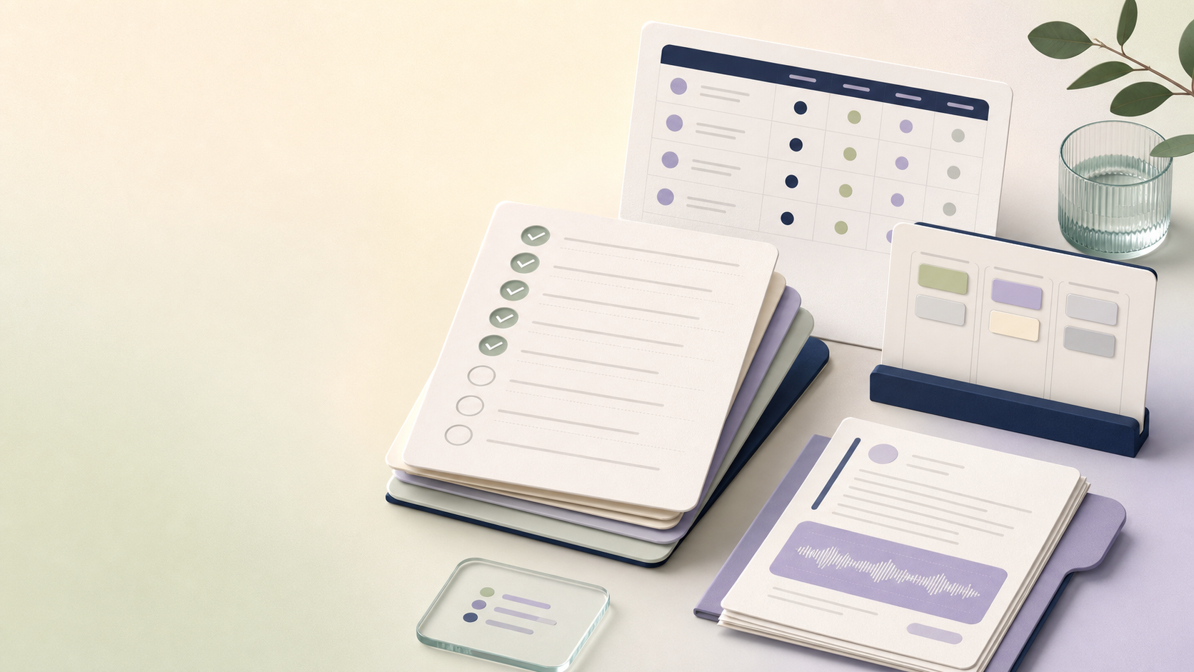 Editorial illustration of an AI interview rollout checklist with scorecard sheets, ATS handoff cards, and review packets.