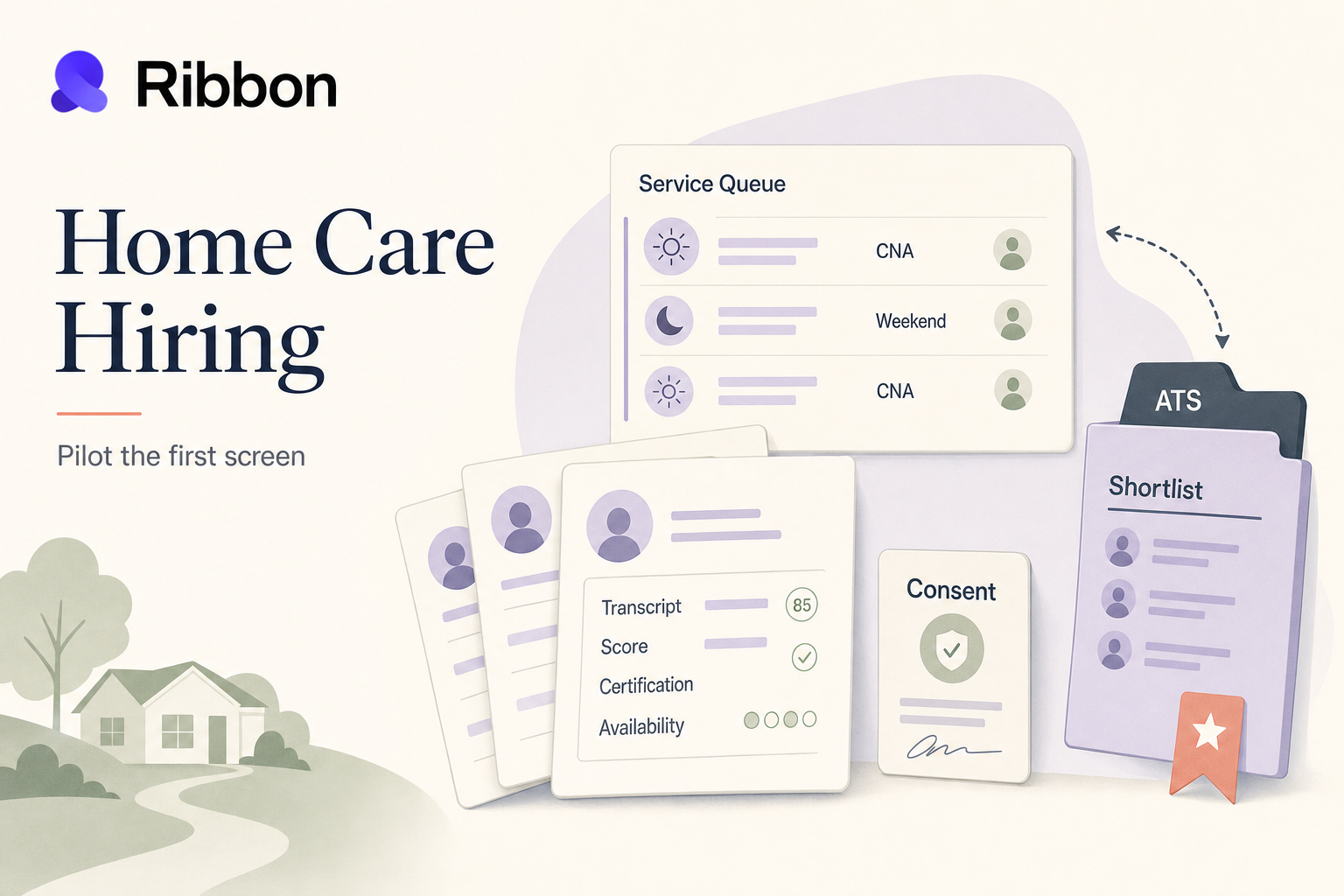 Editorial service-queue illustration for home care hiring with caregiver applicants, compliance checks, scheduler review, and a same-day shortlist.