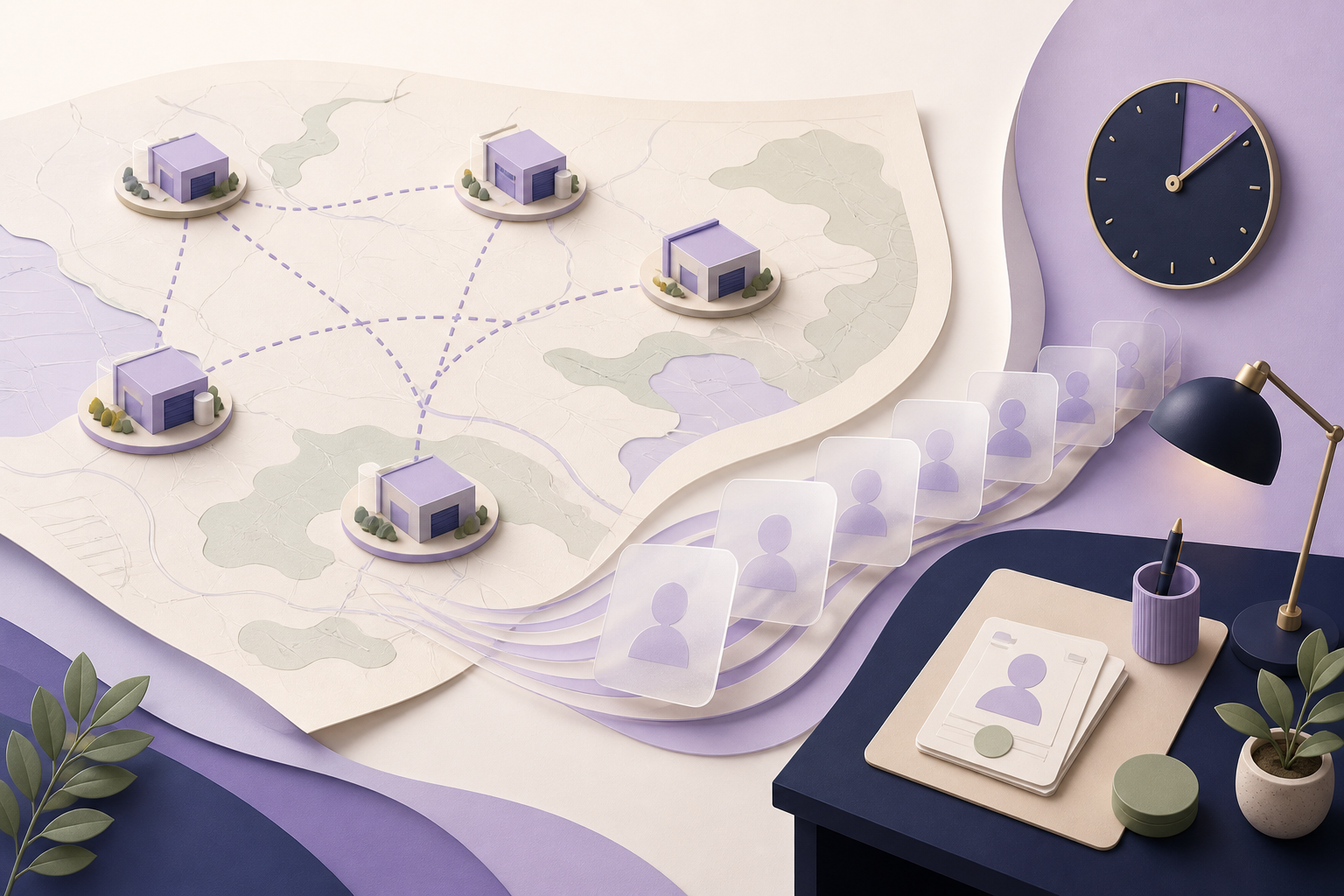 Editorial map of five facilities feeding candidate review cards to one hiring desk