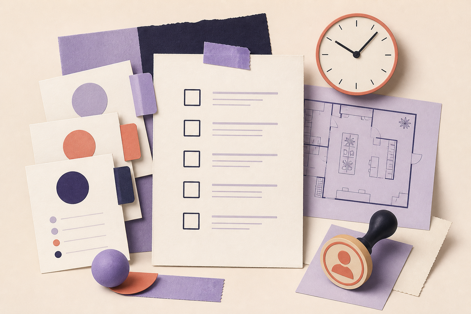 Editorial retail hiring checklist with candidate cards, store floor plan, clock, and human-review stamp.