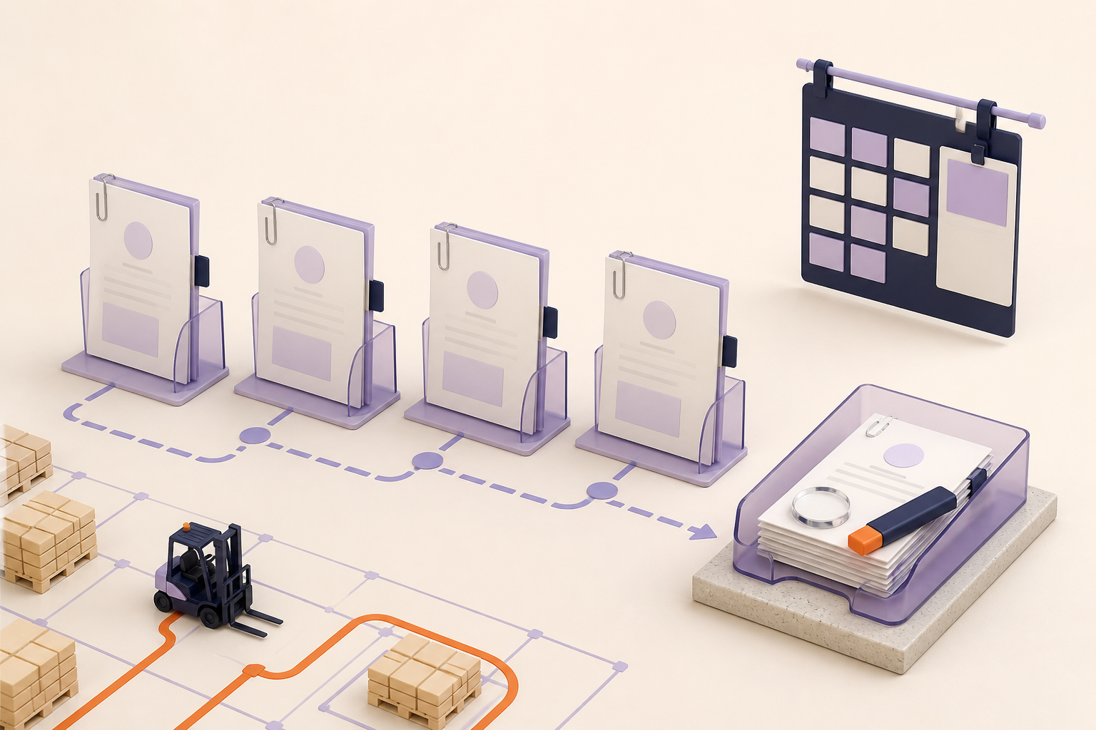Editorial illustration of warehouse candidate packets flowing to a human review tray.