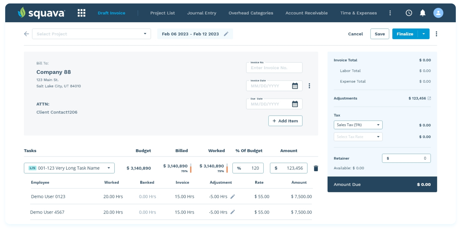 A table for drafting invoices