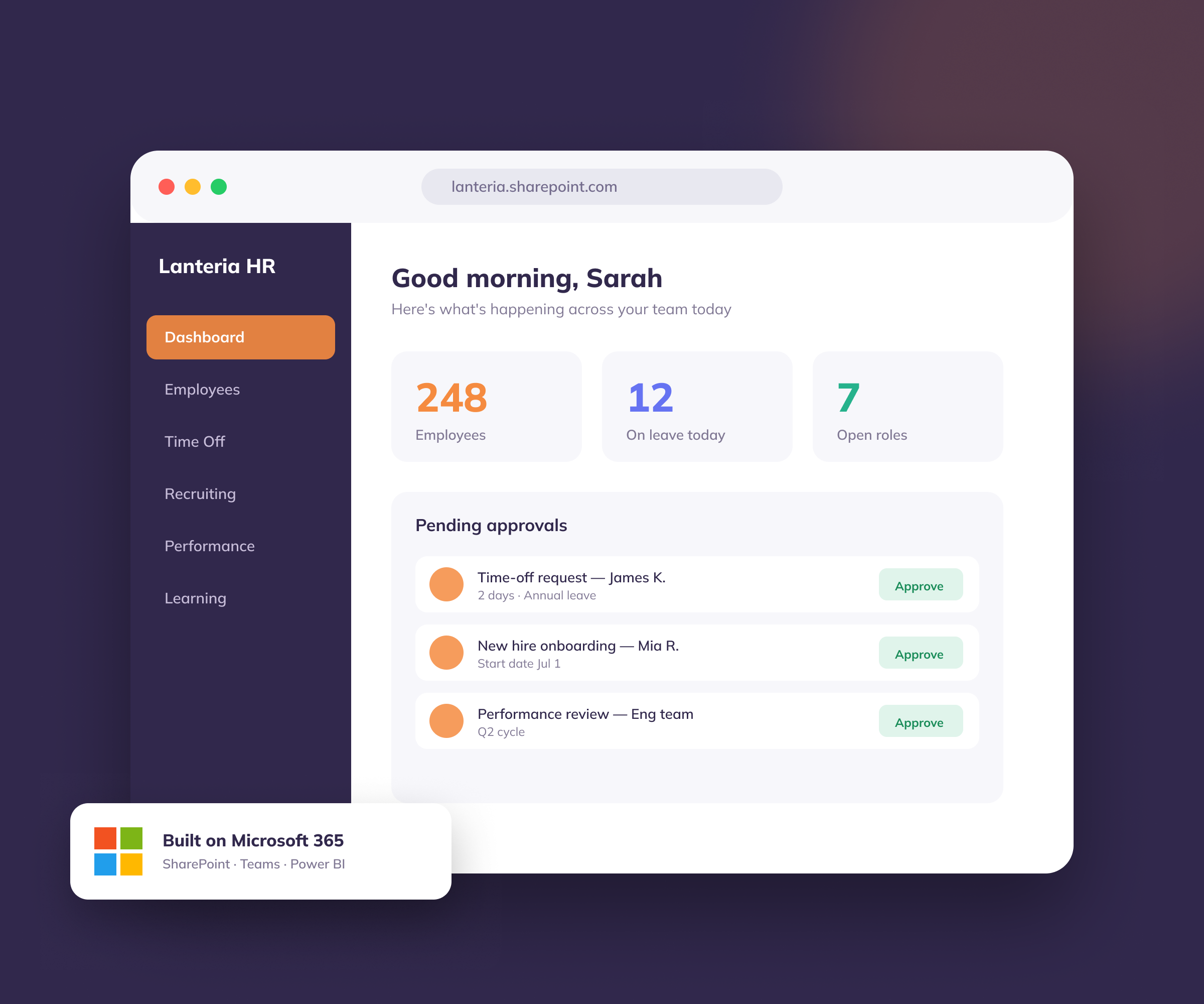 Lanteria HR dashboard running inside Microsoft 365 and SharePoint