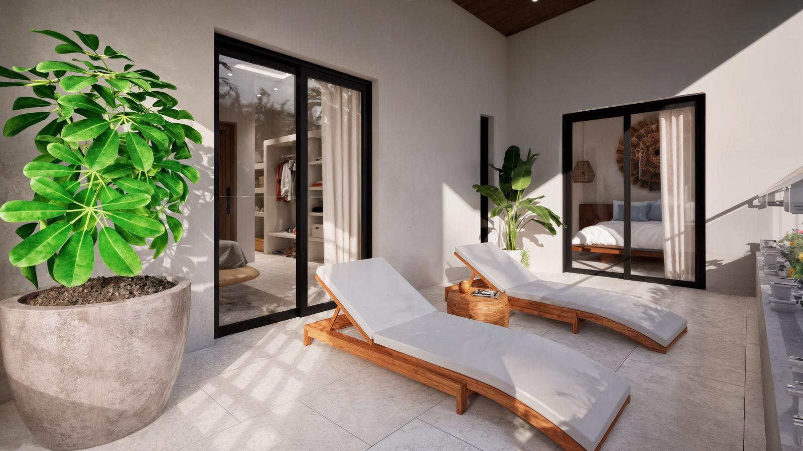 Terrasse couverte avec espace détente dans une villa contemporaine
