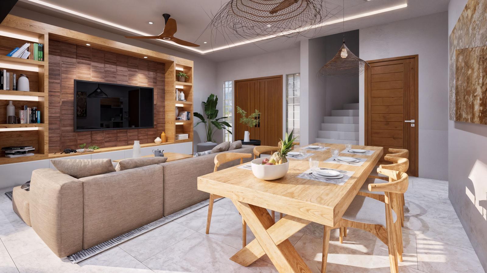 Séjour et salle à manger ouverts d’une villa contemporaine à Lamai