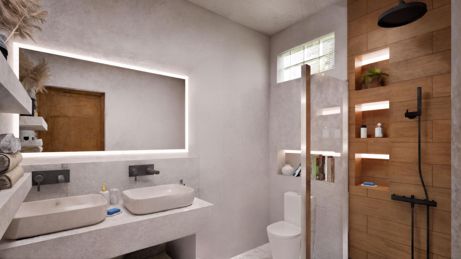 Salle de bain avec double vasque dans une villa contemporaine