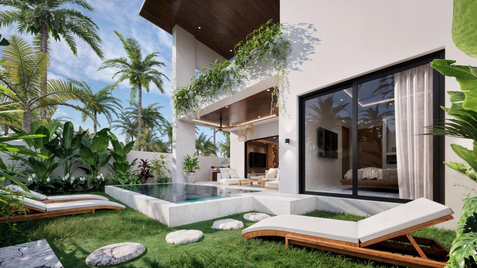 Façade contemporaine et piscine privée d’une villa à Lamai