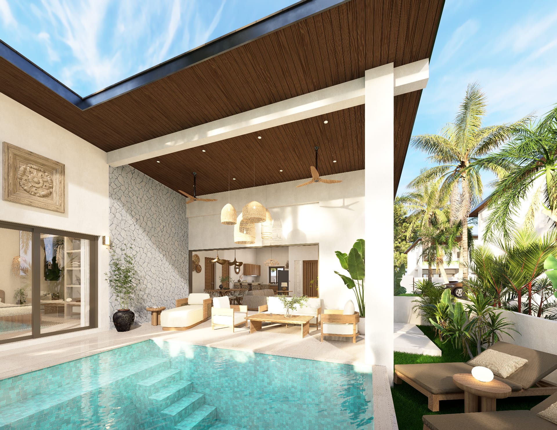 Terrasse couverte et piscine d’une villa deux chambres à Lamai