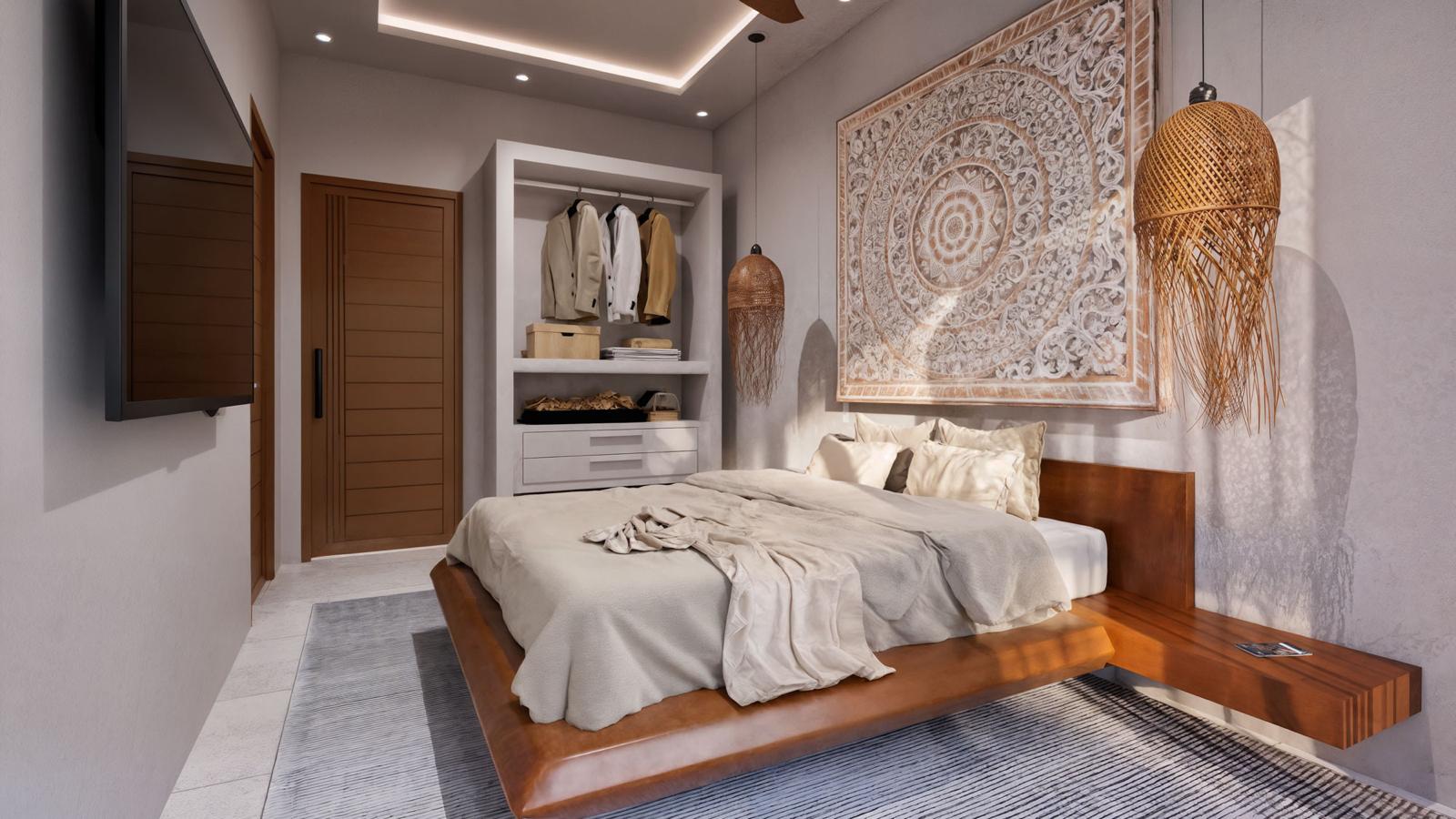 Chambre climatisée aux finitions bois dans une villa contemporaine