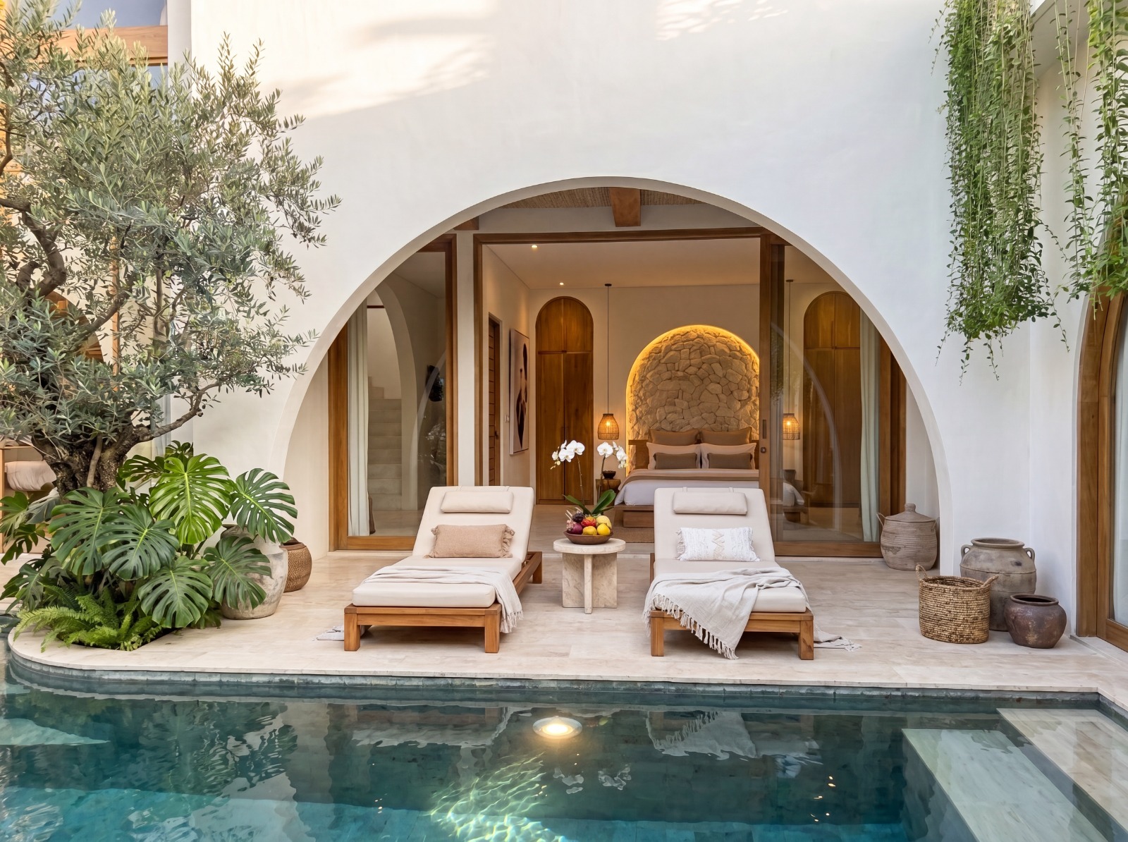 Chambre ouverte sur la piscine privée de la villa à Lamai