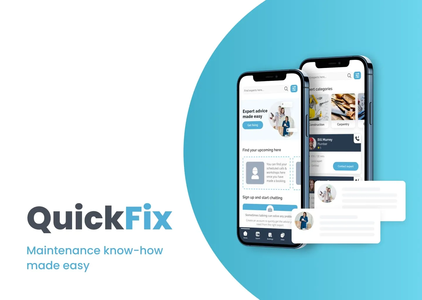 Landing page hero image of Quickfix, a web application connecting users to professional tradesmen to exchange maintenance advice.
