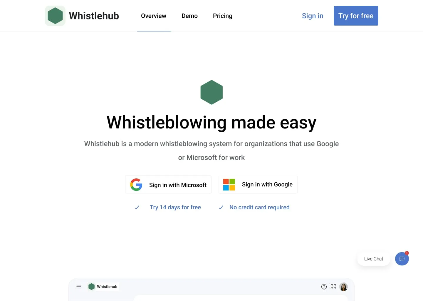 Landing page hero image of Whistlehub, company whistle blowing service website.