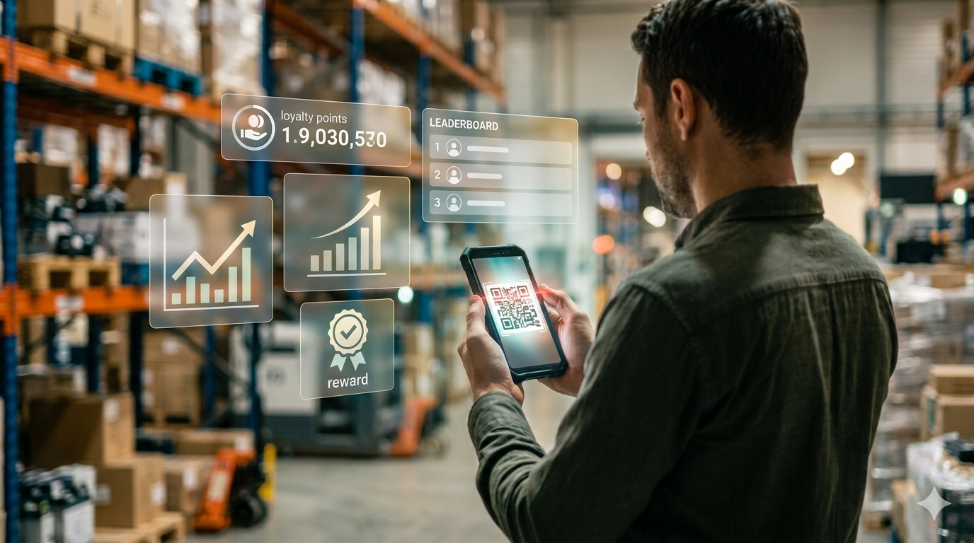 homme de 3/4 dos consultant son smartphone dans un entrepôt - data flottantes apparaissant devant lui