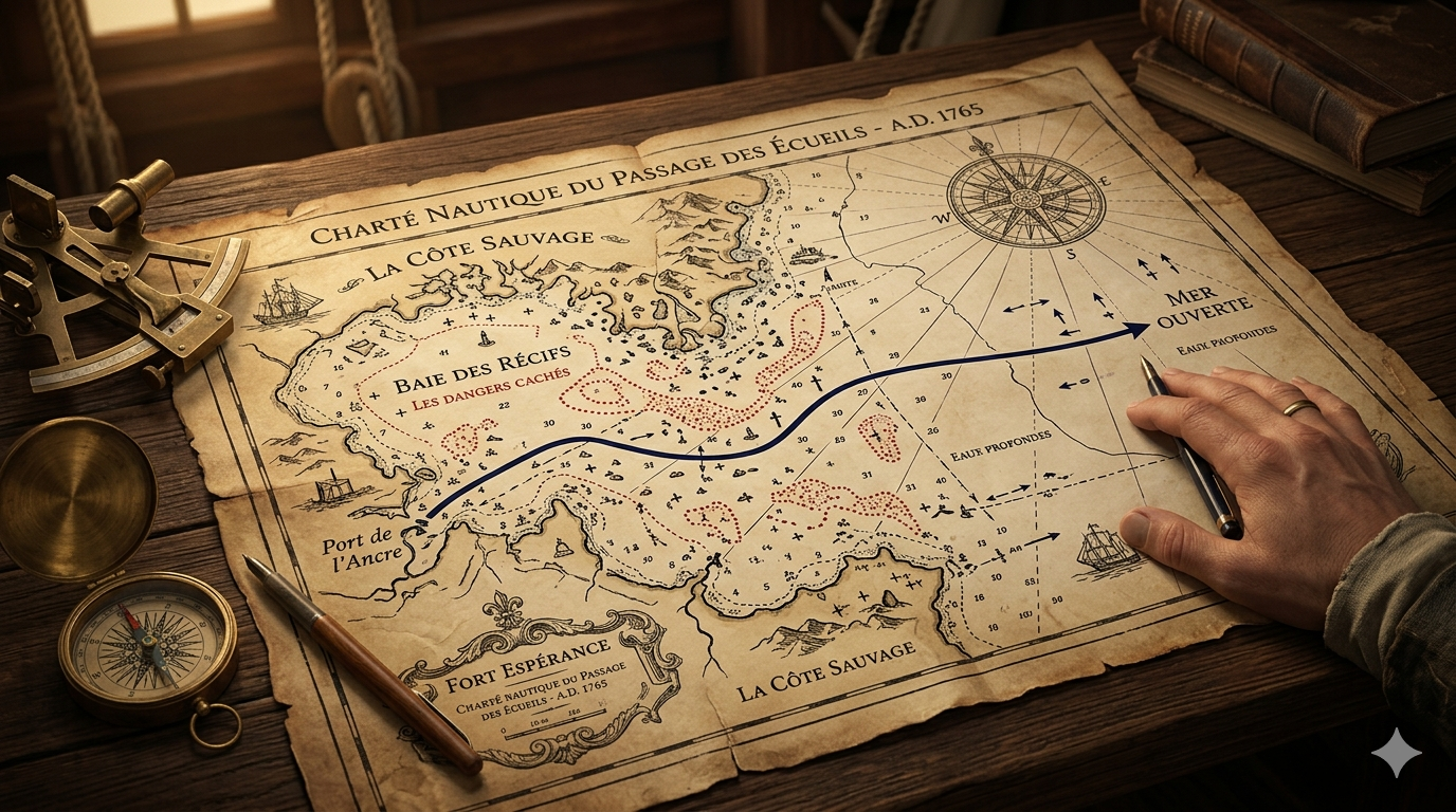 Carte nautique ancienne montrant une route balisée entre des récifs et zones de danger, illustrant la navigation entre les écueils RGPD dans un programme d'incentive commercial.