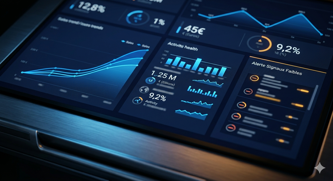 Dashboard de pilotage commercial en temps réel affichant des courbes de tendance, des indicateurs de performance par partenaire et un panneau d'alertes signaux faibles. Illustration article prédiction des ventes B2B avec MASLO.