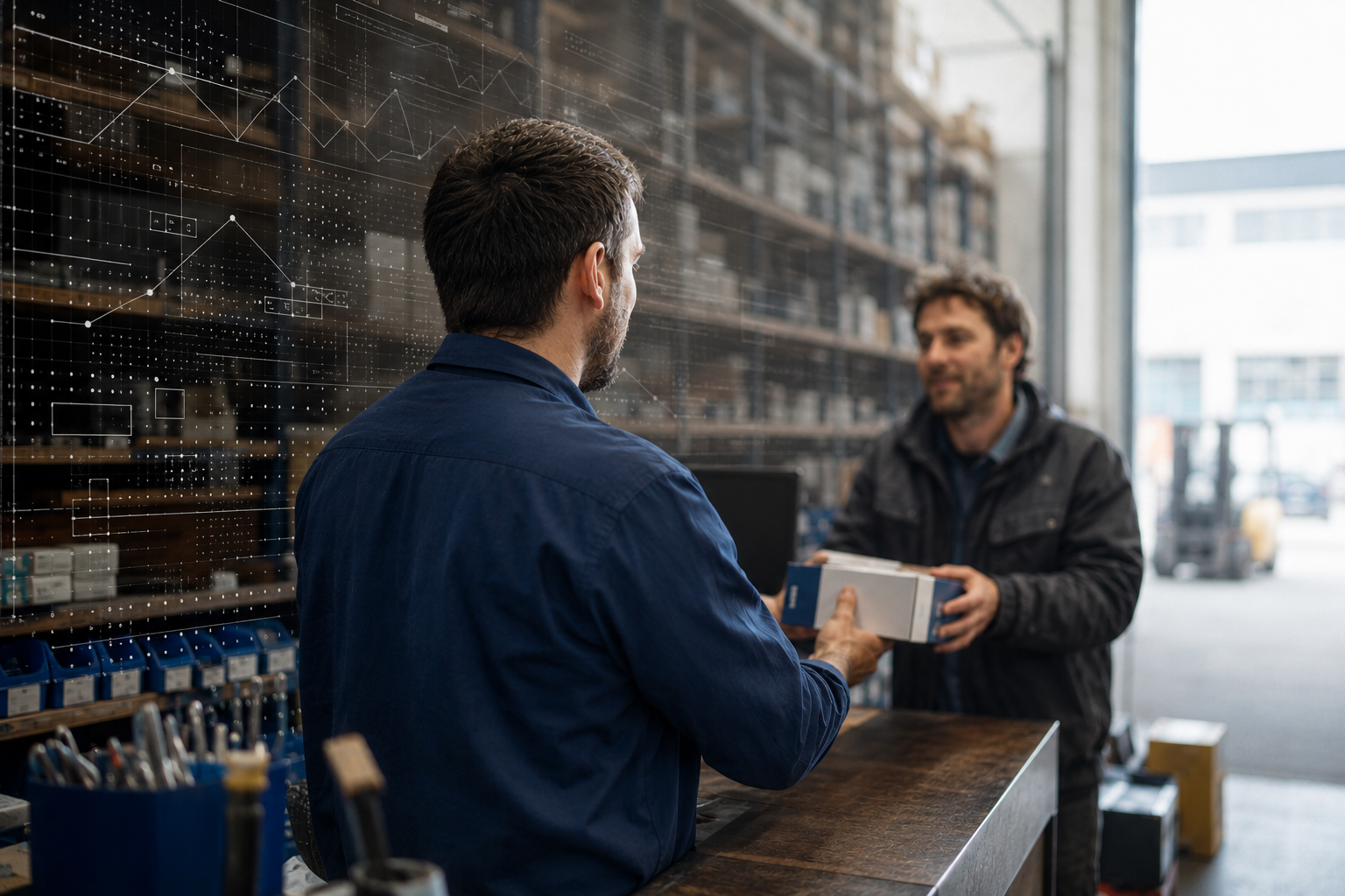 Vendeur de trois quarts dos remettant un produit à un client au comptoir d'un distributeur, données en surimpression s'effaçant vers la sortie