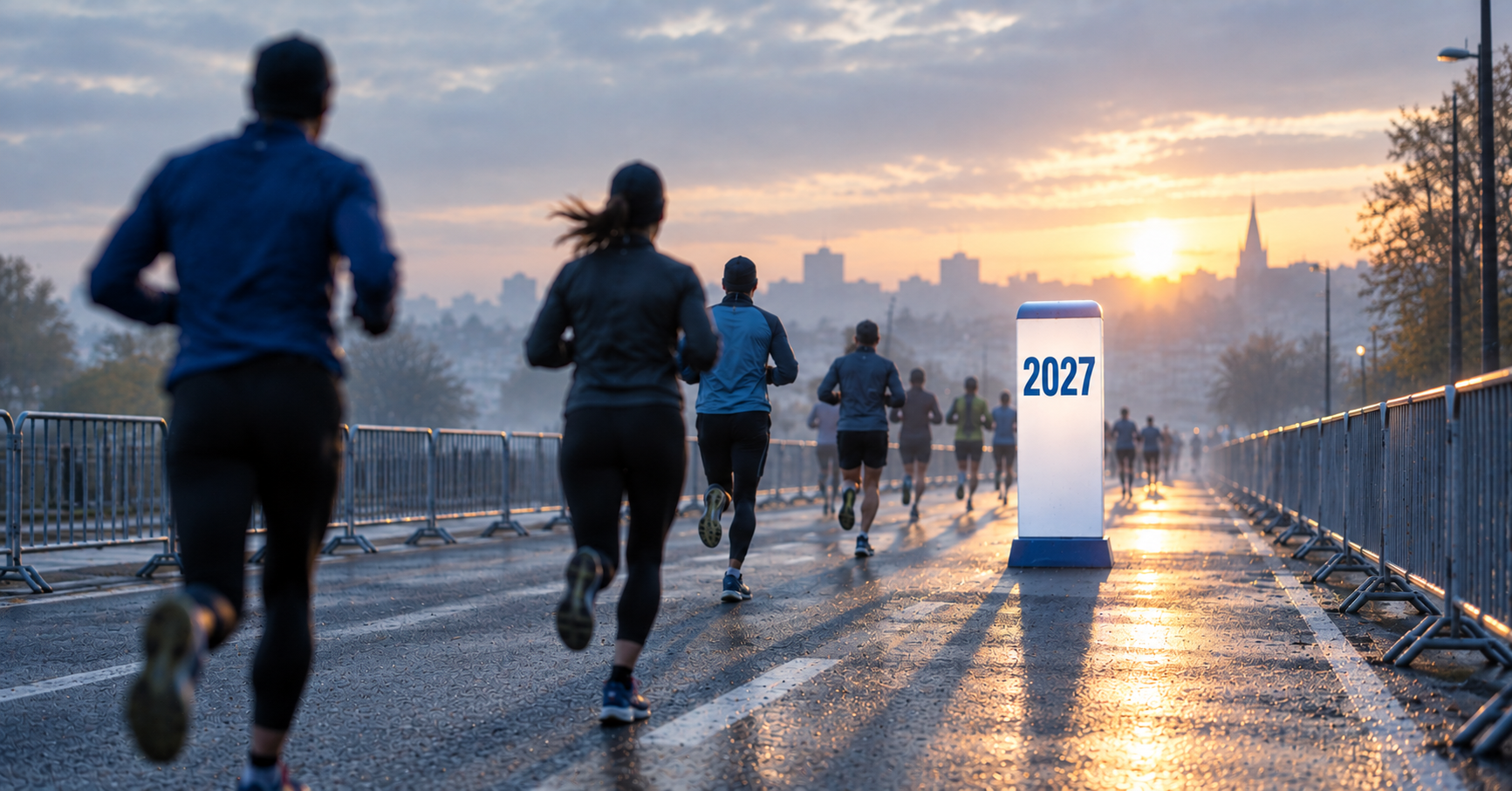 Coureurs de marathon avançant vers une borne marquée 2027