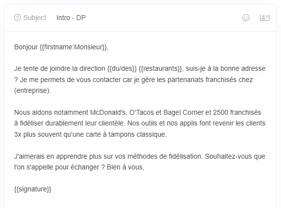 Exemple d'un cold email de prise de contact par Scalezia