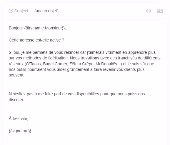 Exemple d'un cold email de deuxième relance par Scalezia