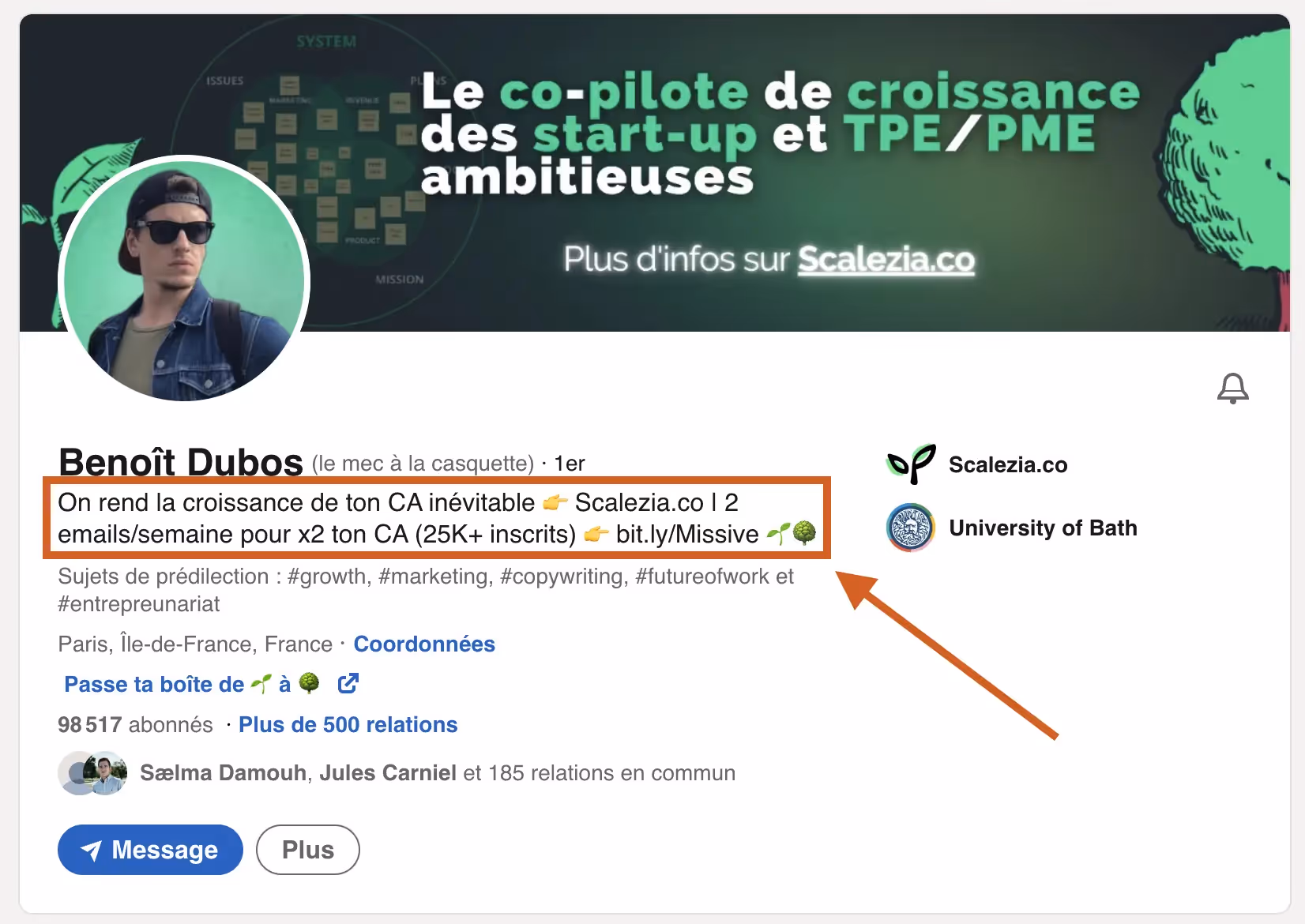lien vers un formulaire d'inscription à une newsletter depuis un profil linkedin