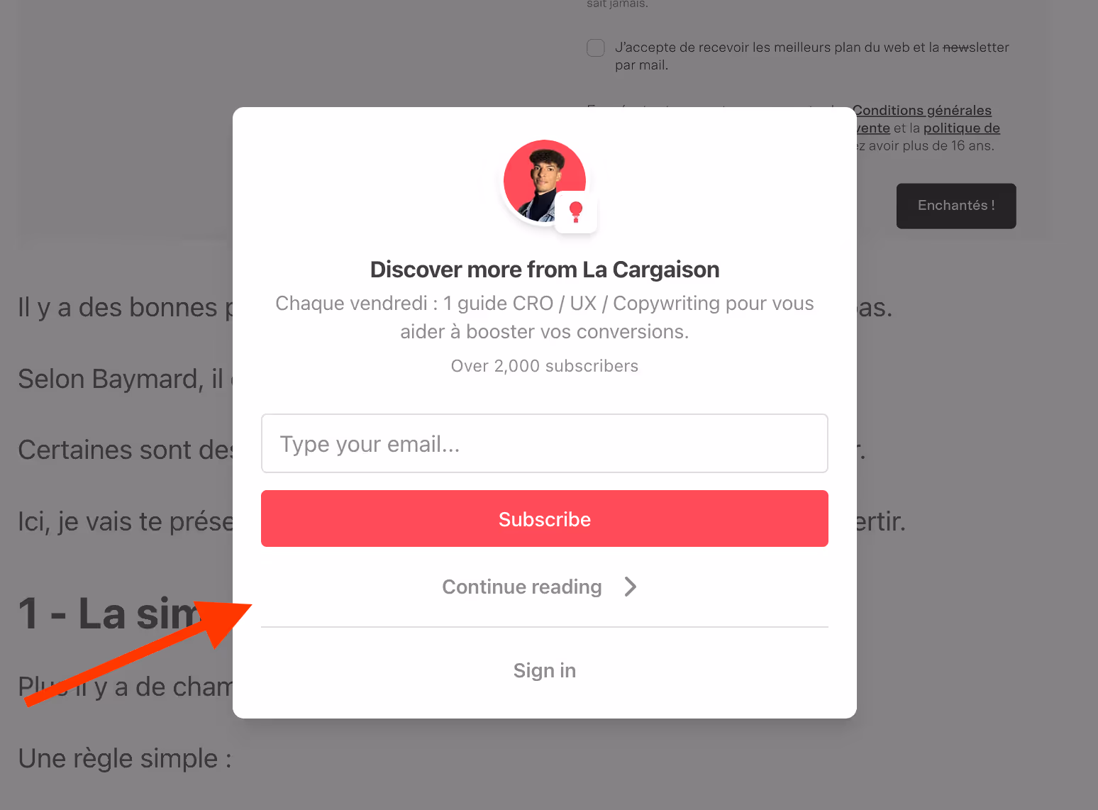 formulaire d'inscription en pop-up de La Cargaison