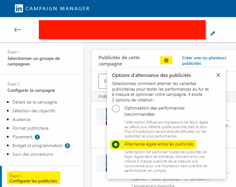 options d'alternance des publicités sur linkedin
