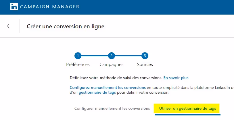 gestionnaire de tags pour créer une conversion sur linkedin ads