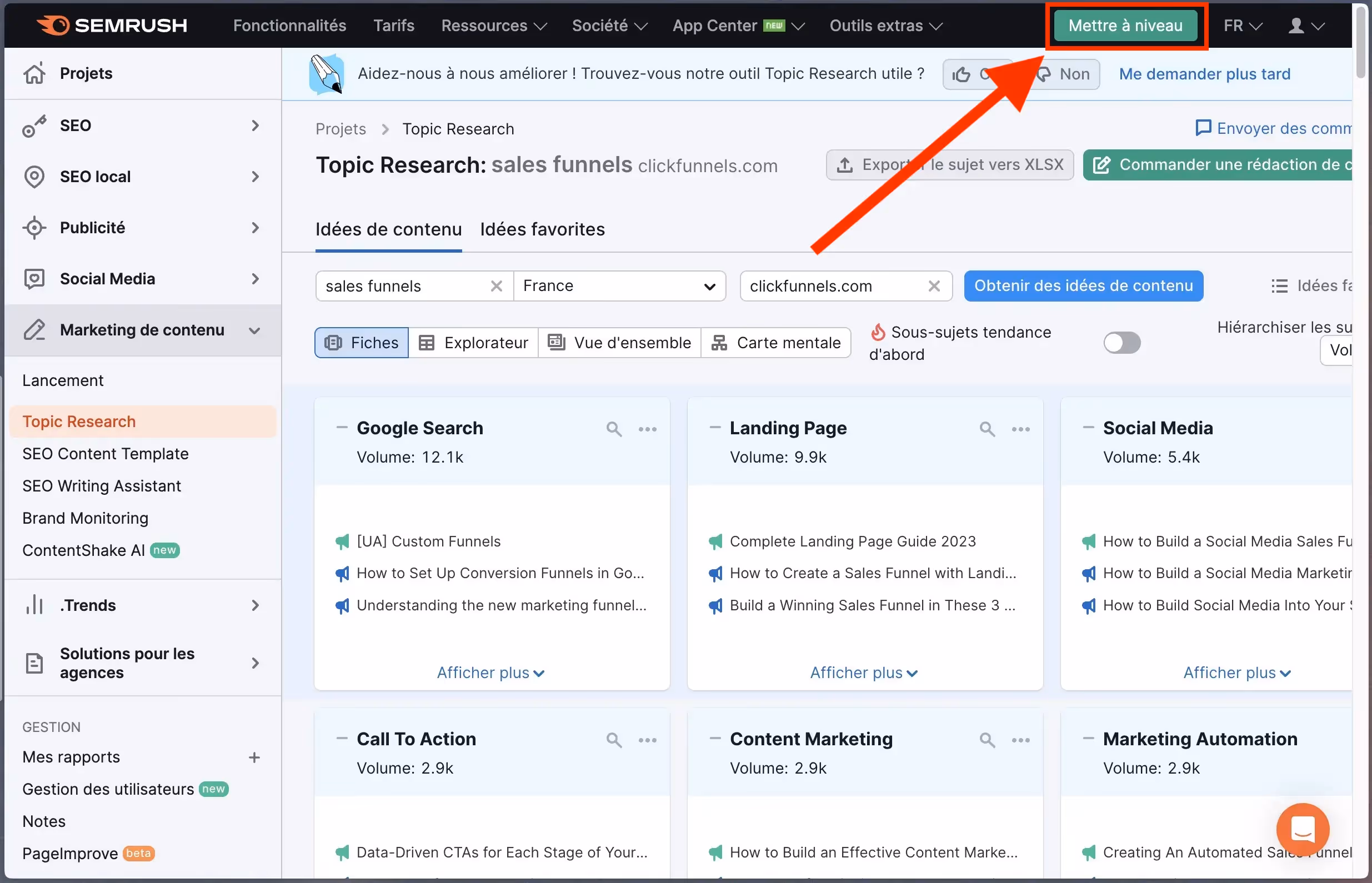 Optimisation marketing Semrush Call-to-action dans l'interface de l'outil