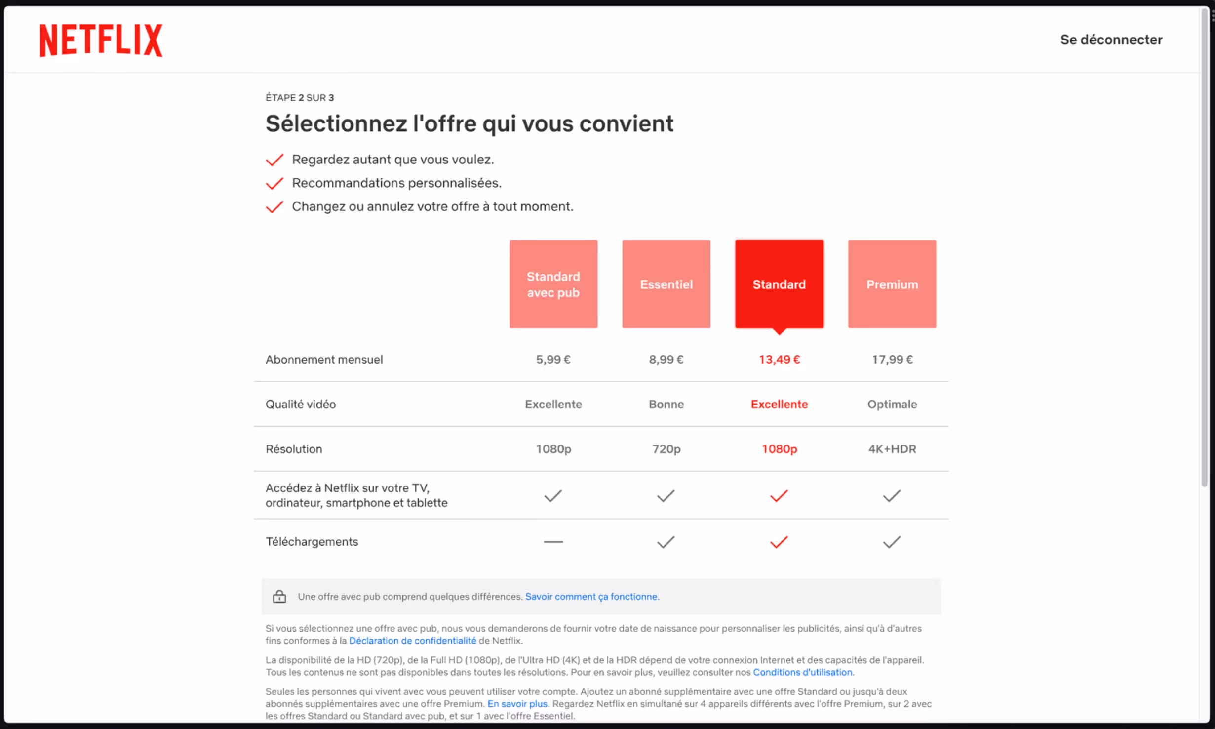 étape 3 du tunnel de vente netflix pour le choix de l'offre