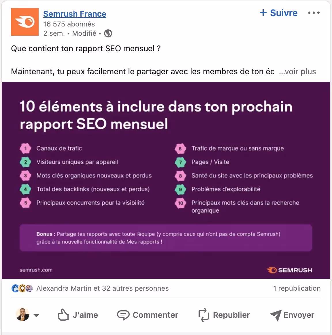 SemRush post linkedin