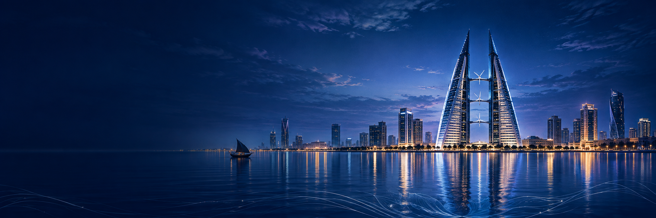 Illustrated Bahrain waterfront at twilight, with a dhow and sail-shaped towers