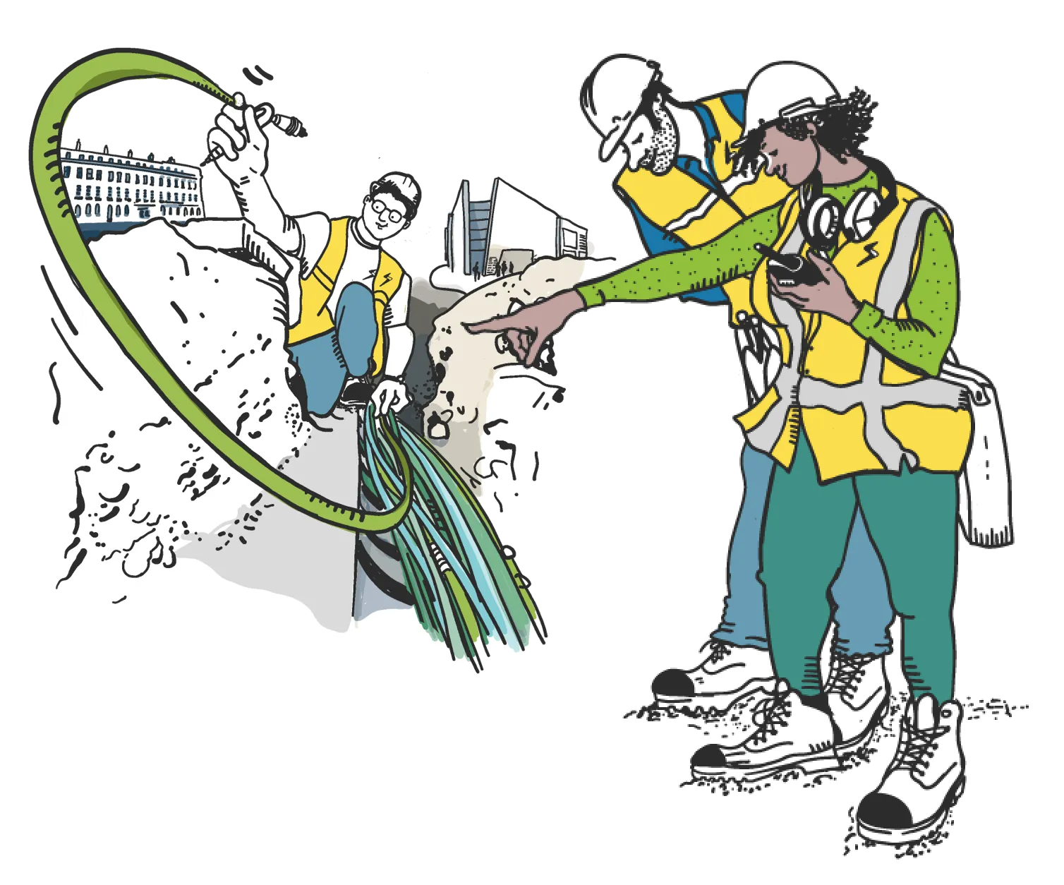 Illustration of fibre engineers working