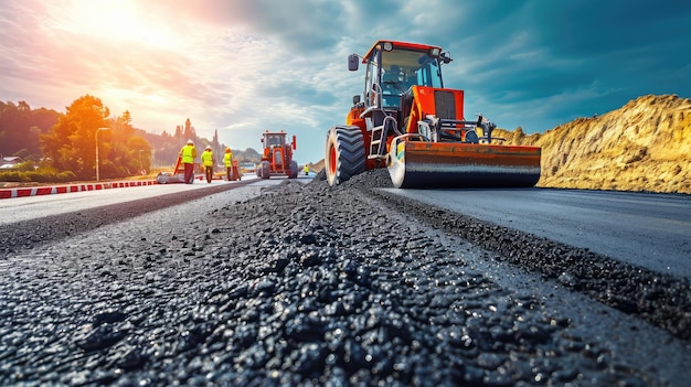 Construction site is laying new asphalt pavement road construction workers  and road construction machinery scene | Premium AI-generated image