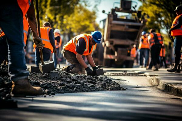 Close-up of construction equipment. Workers at the road construction site  laying asphalt on a new road. ai generated pro photo 29548566 Stock Photo  at Vecteezy