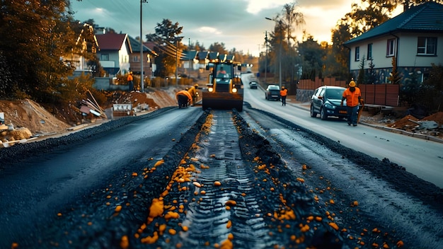 Road construction crew laying fresh asphalt in residential area Concept  Road Construction Asphalt Residential Area Crew Freshly Paved | Premium  AI-generated image