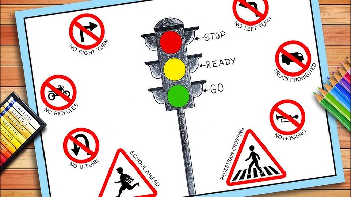 Traffic Signals Drawing | Traffic Signals Chart | Road Safety Rules Drawing  | Traffic Lights Drawing - YouTube