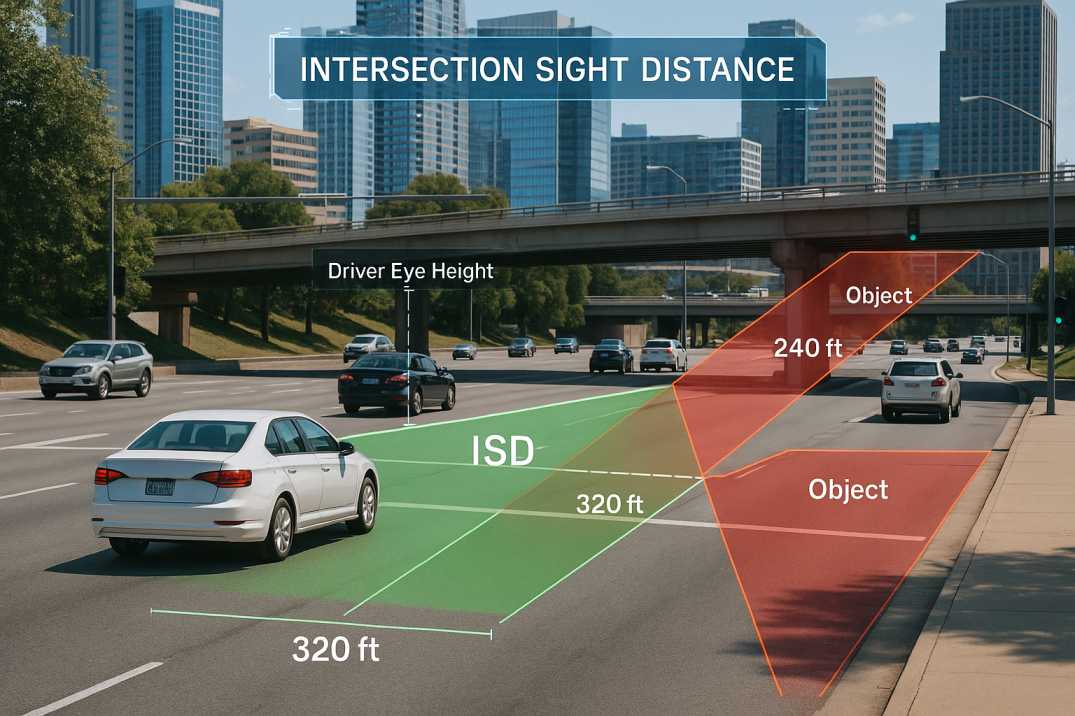 Highway intersection with ISD visibility zones and traffic overlay.   