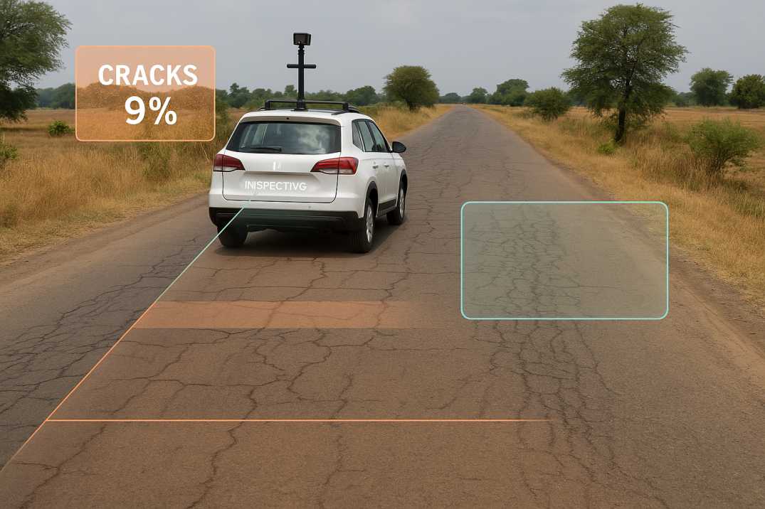 AI vehicle on cracked rural road with "Cracks 9%" overlay. 