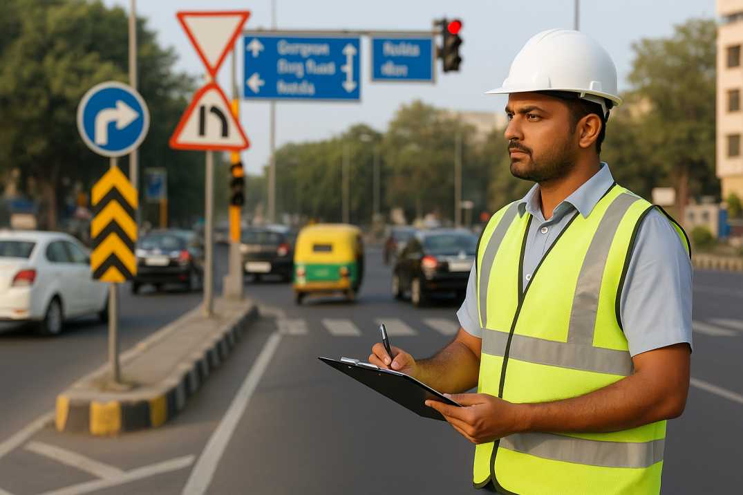Indian road safety engineer at urban intersection.   