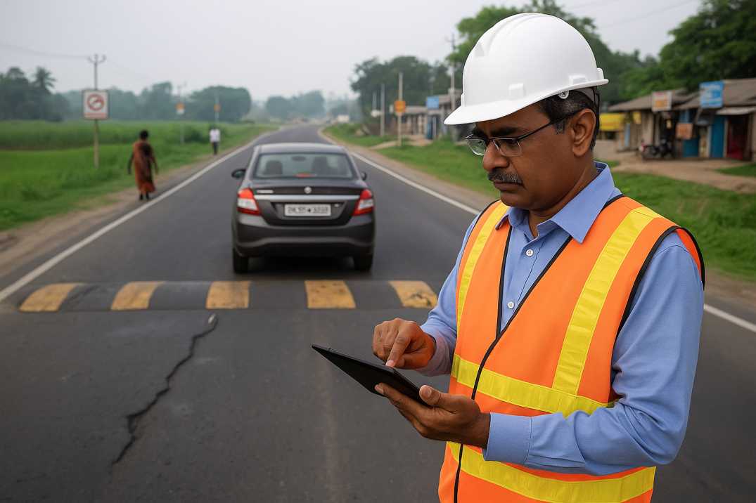 Engineer inspects speed breaker on rural Indian road.  