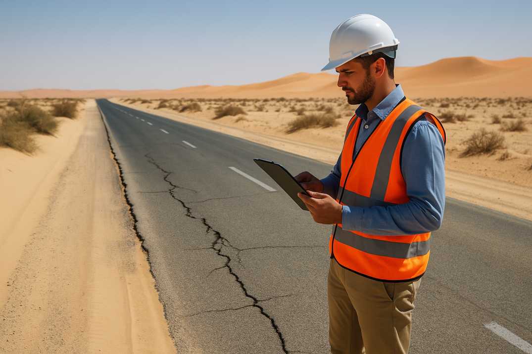 Engineer in safety gear inspects cracked desert road using a tablet.   