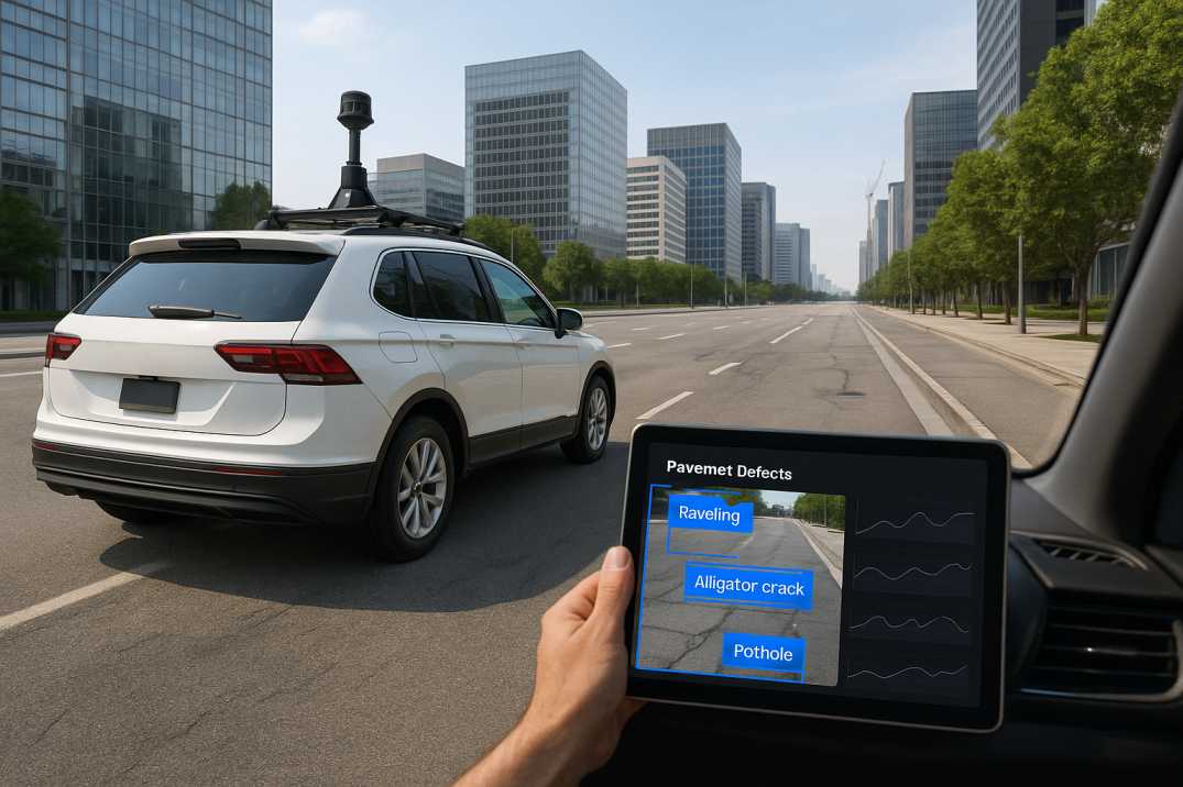 Semi-autonomous vehicle capturing road data with pavement defects shown on a tablet screen.   