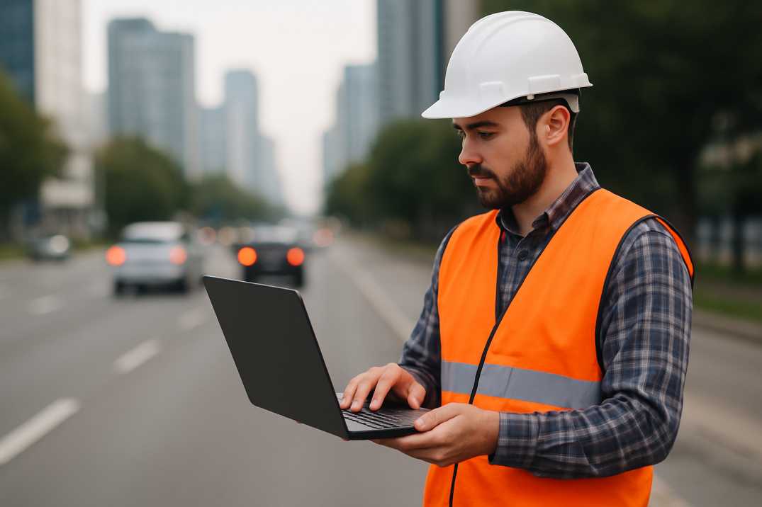 Civil engineer in safety gear holding a laptop beside a busy urban road, screen angled away. 