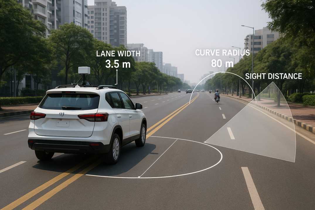 AI vehicle scanning urban road with lane width, curve radius, and sight distance overlays. 