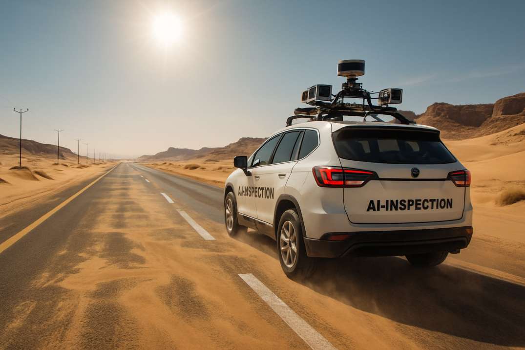 AI vehicle scans sandy desert highway in sunlight.